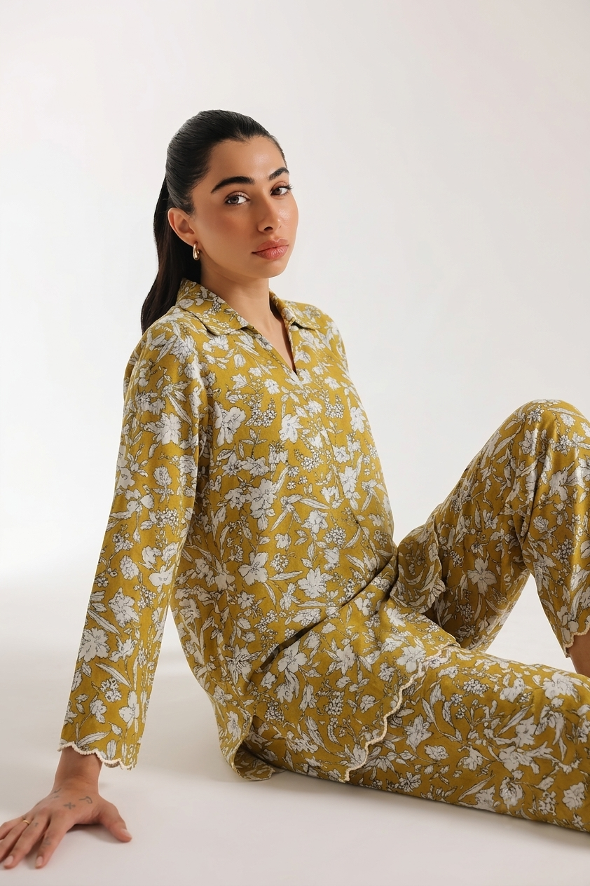 Mustard Floral Outline Embroidered Cotton Grip - Co-Ord Set