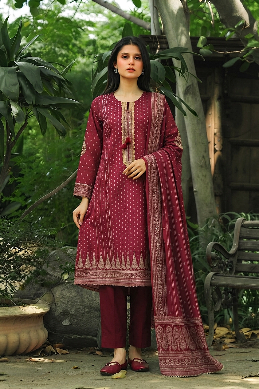 Maroon Elegance: 3 Piece Embroidered Lawn Suit with Badla Detailing