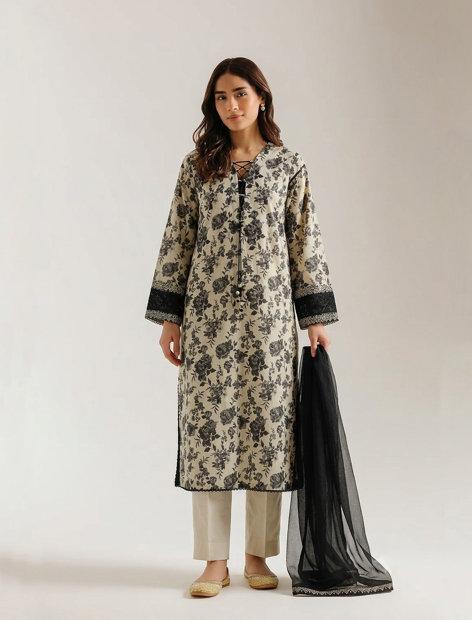 3-Piece Floral Printed Lawn Suit - Embroidered & Chiffon Dupatta – Charcoal & Beige