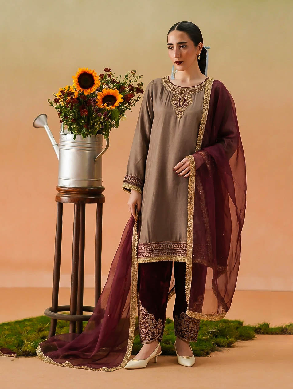 Earthy Brown Silk & Maroon Velvet Embroidered 3-Piece Outfit
