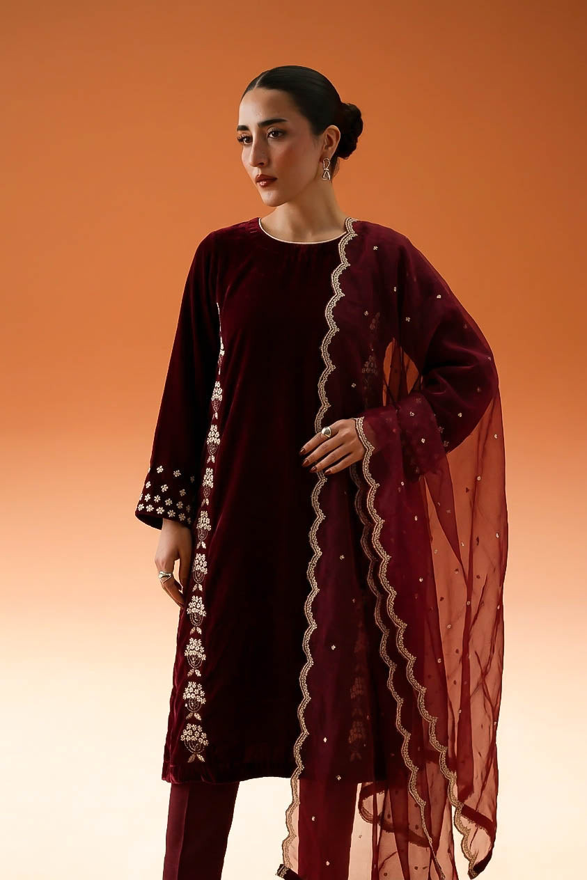 Regal Maroon Pure Hand-Embellished Velvet 3-Piece Suit