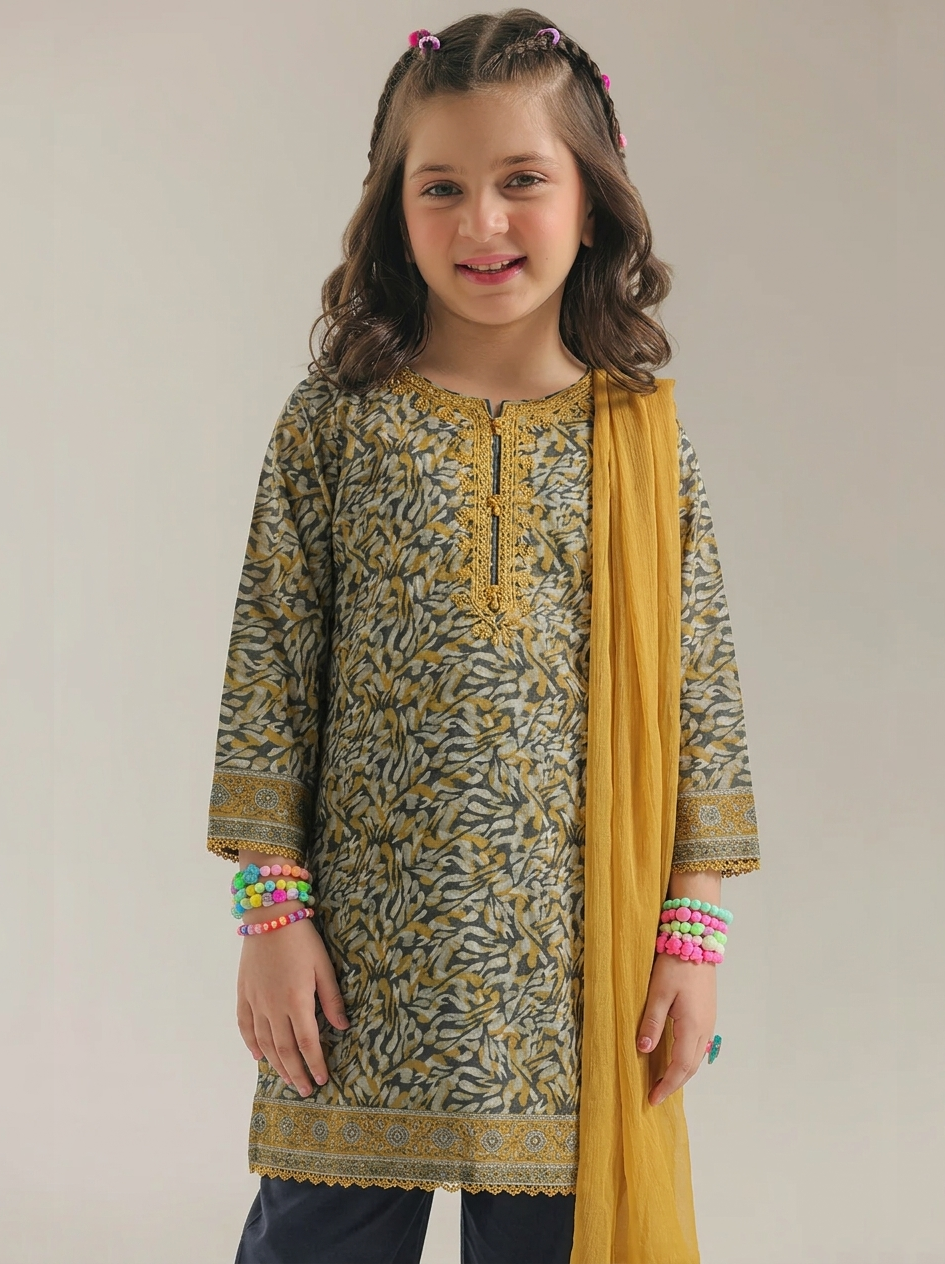 Girls Abstract Print 3 Piece Suit with Chiffon Dupatta – Olive & Yellow