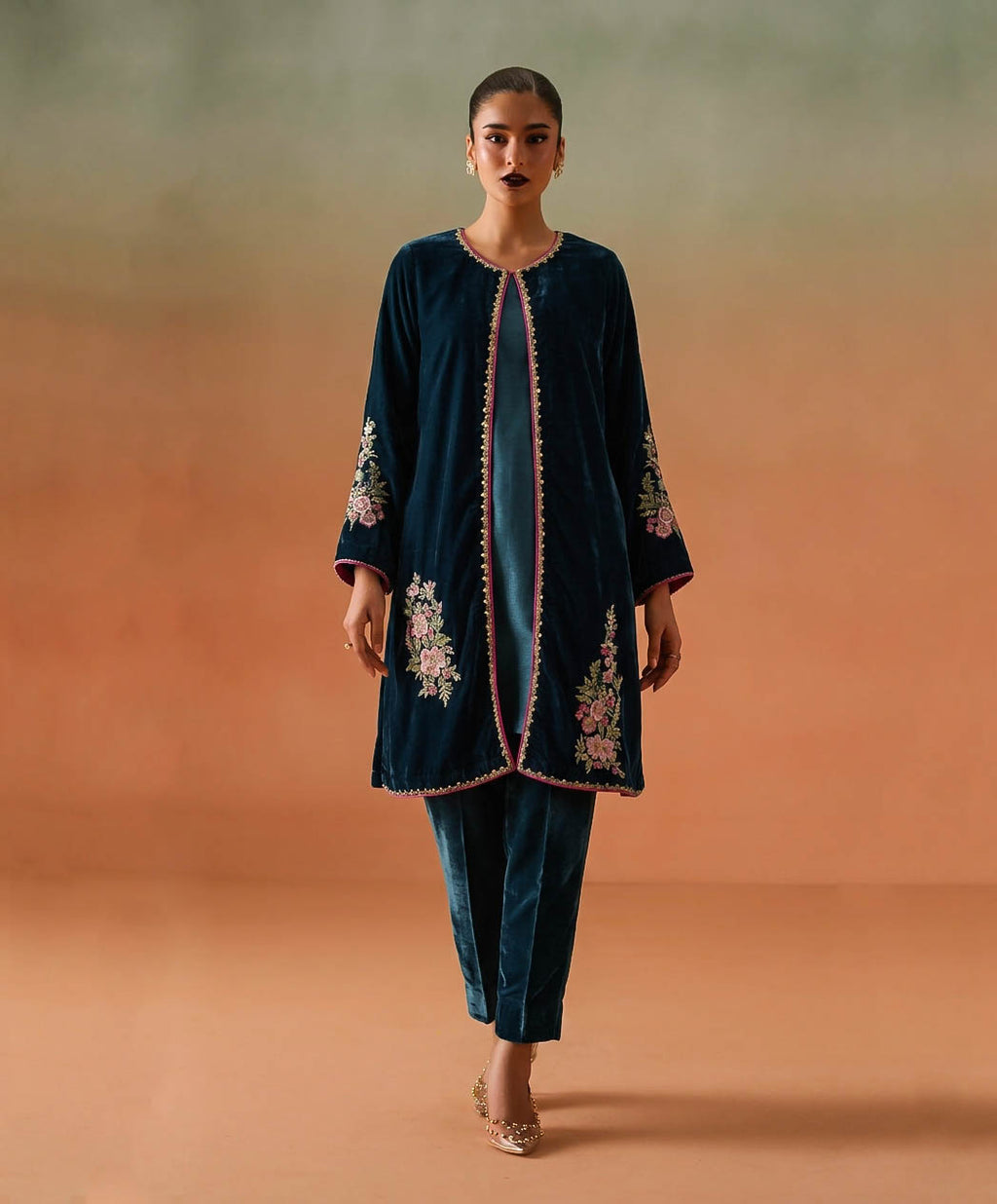 Zinc Turquoise Embroidered Velvet Gown & Raw Silk Suit (3-Piece)