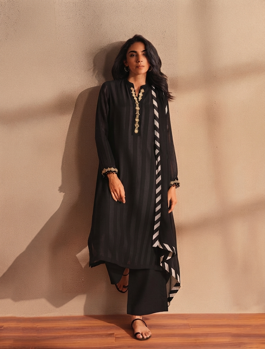 Monochrome Elegance – 3-Piece Stitched Chiffon Outfit