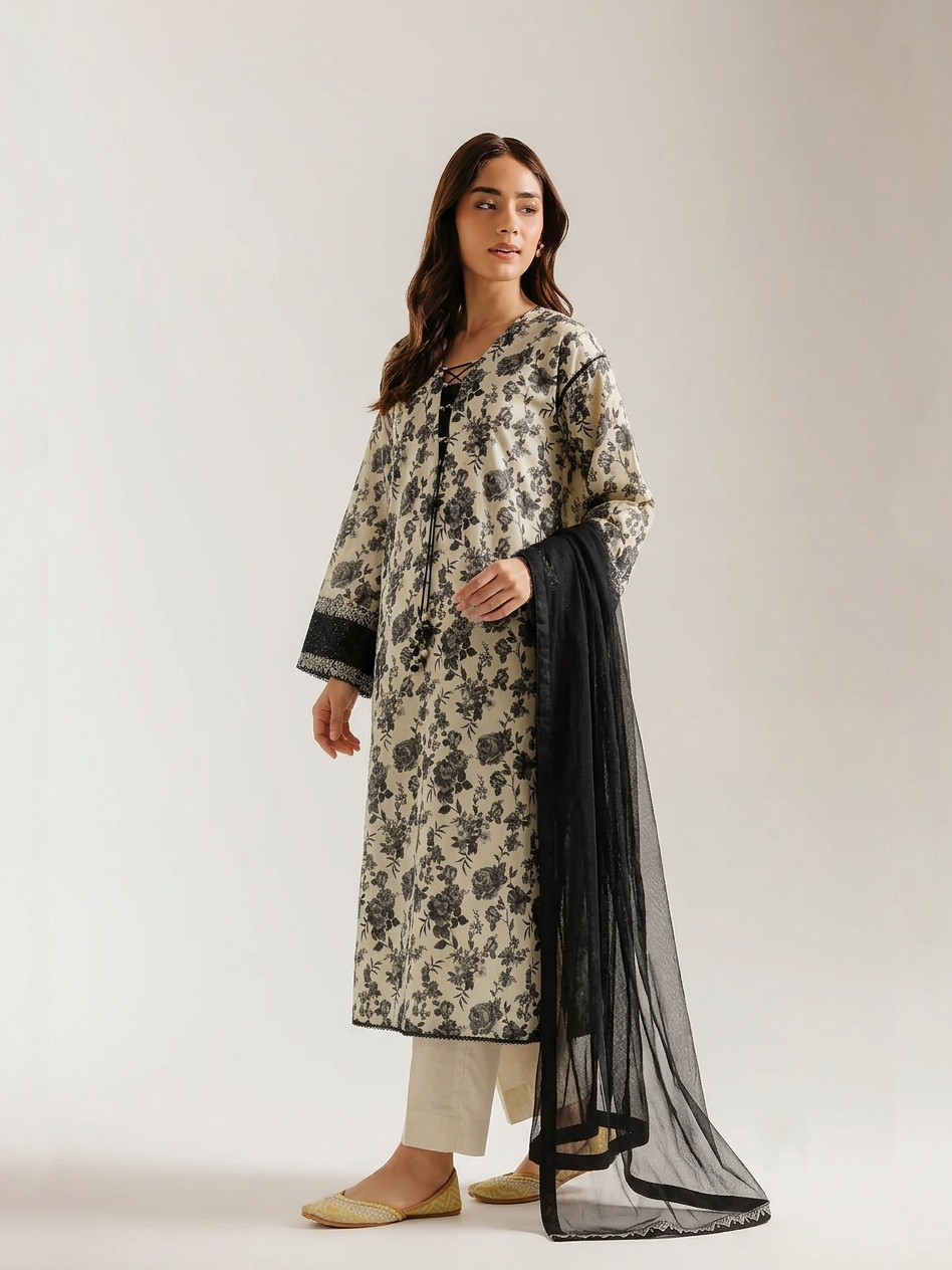 3-Piece Floral Printed Lawn Suit - Embroidered & Chiffon Dupatta – Charcoal & Beige