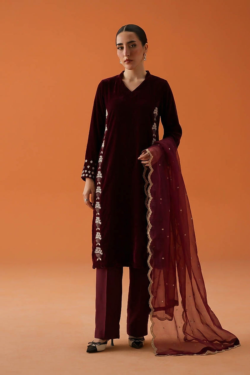Regal Maroon Pure Hand-Embellished Velvet 3-Piece Suit