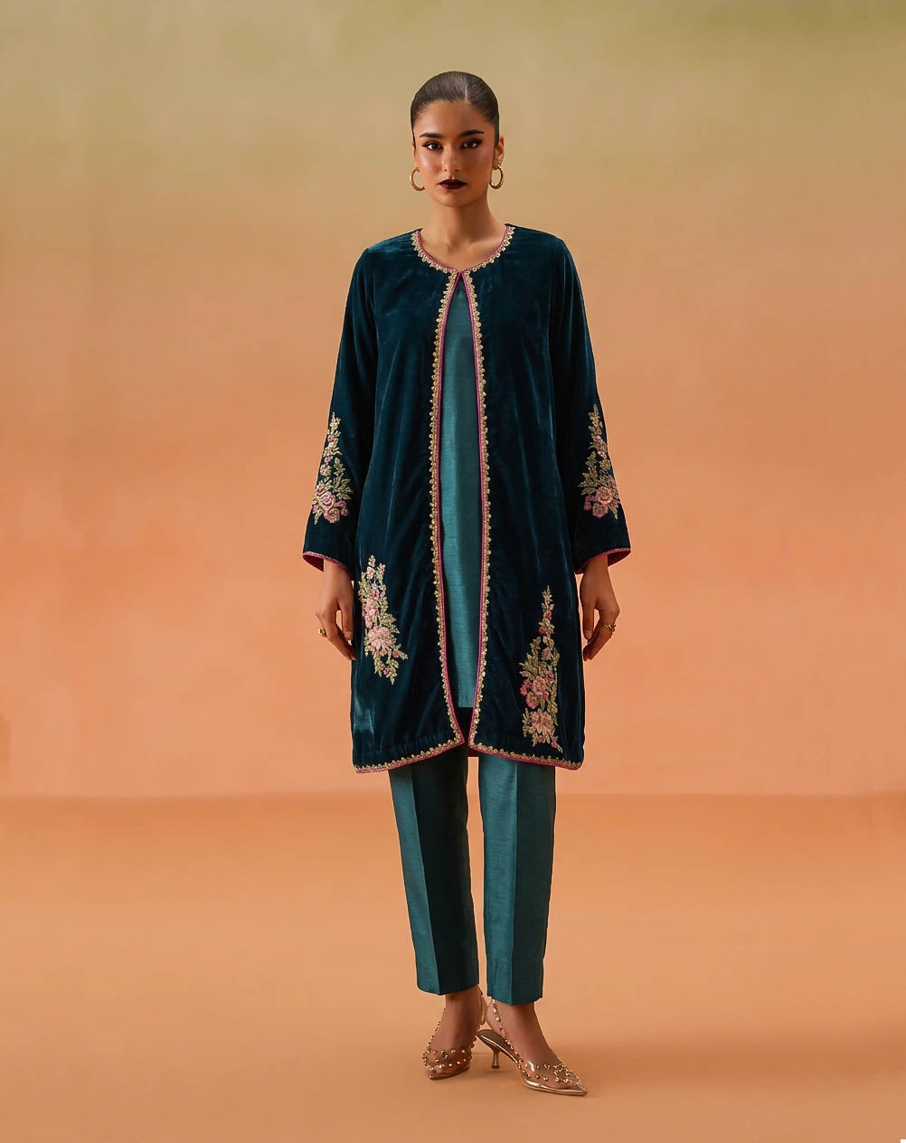 Zinc Turquoise Embroidered Velvet Gown & Raw Silk Suit (3-Piece)