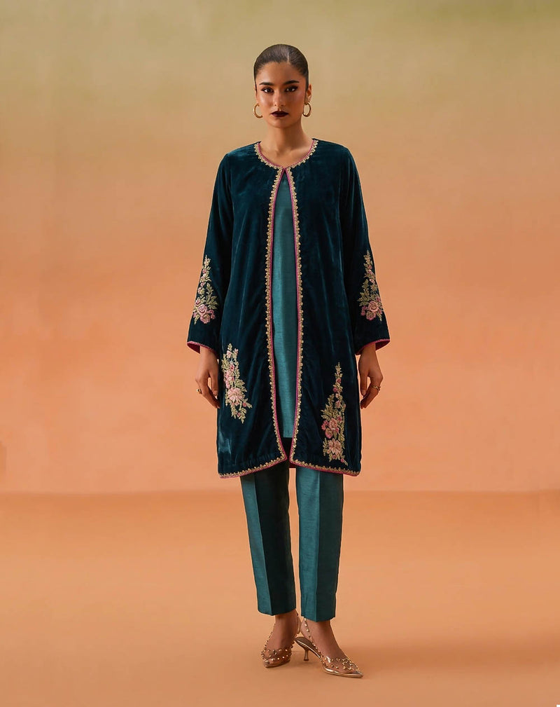 Zinc Turquoise Embroidered Velvet Gown & Raw Silk Suit (3-Piece)