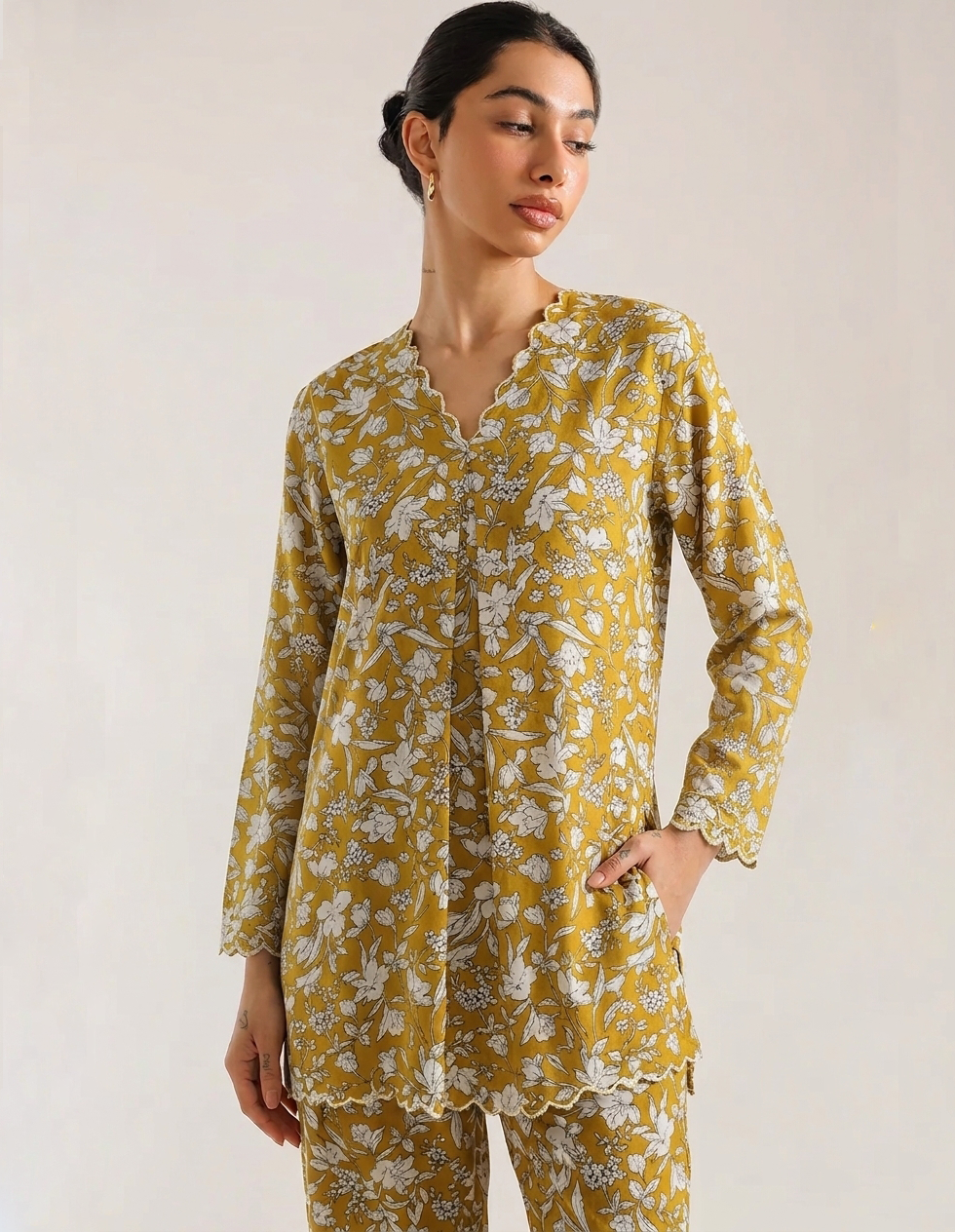 Mustard Floral Outline Embroidered Cotton Grip - Co-Ord Set