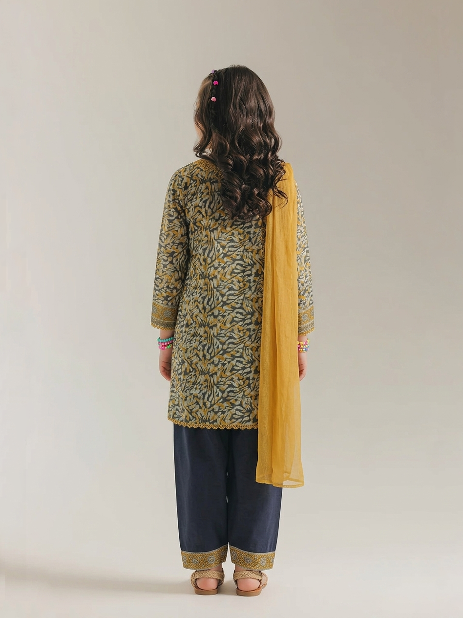 Girls Abstract Print 3 Piece Suit with Chiffon Dupatta – Olive & Yellow