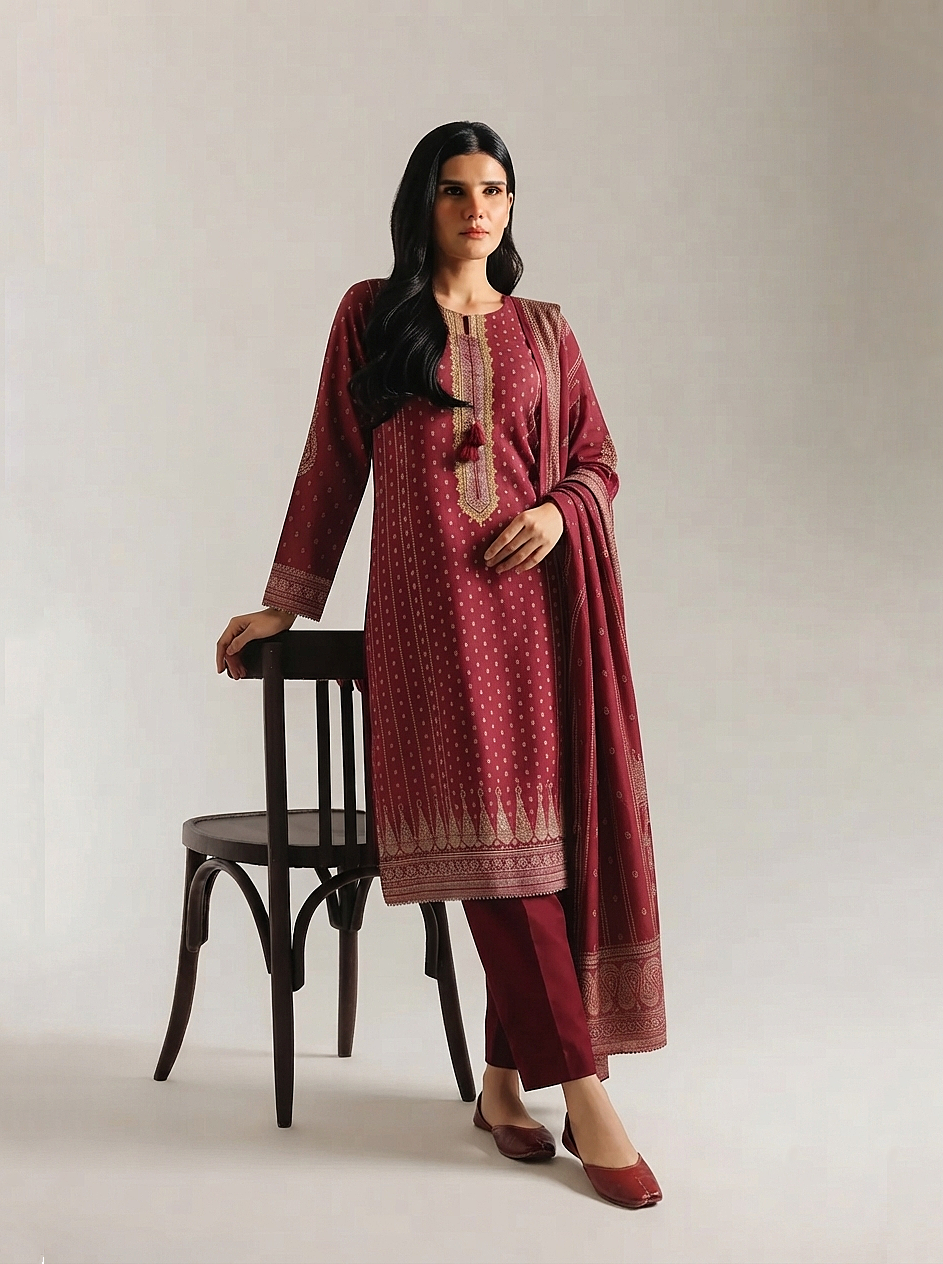 Maroon Elegance: 3 Piece Embroidered Lawn Suit with Badla Detailing