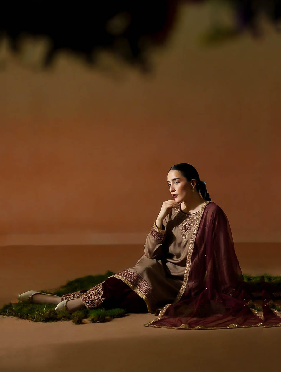 Earthy Brown Silk & Maroon Velvet Embroidered 3-Piece Outfit