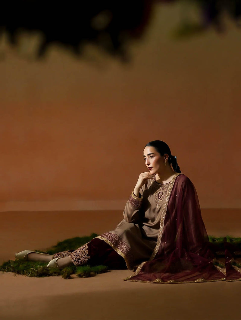 Earthy Brown Silk & Maroon Velvet Embroidered 3-Piece Outfit