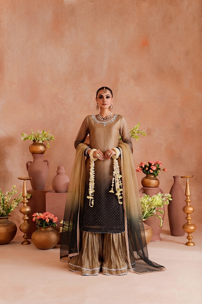 Shaded Sheesha Silk Hand-Embroidered Gharara Set
