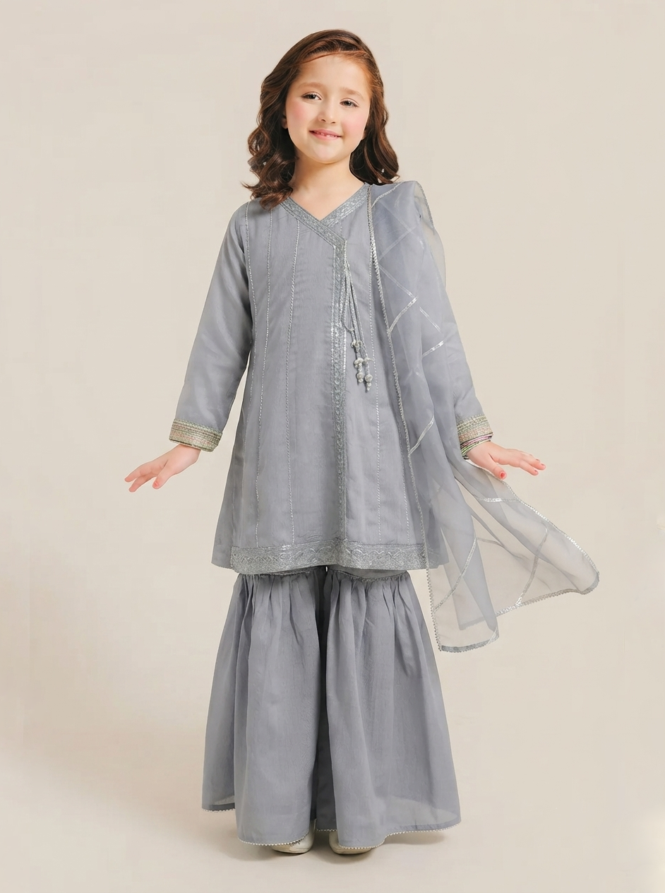 Elegant Grey Grip Angrakha with Gharara – 3 Piece Formal Kids Wear