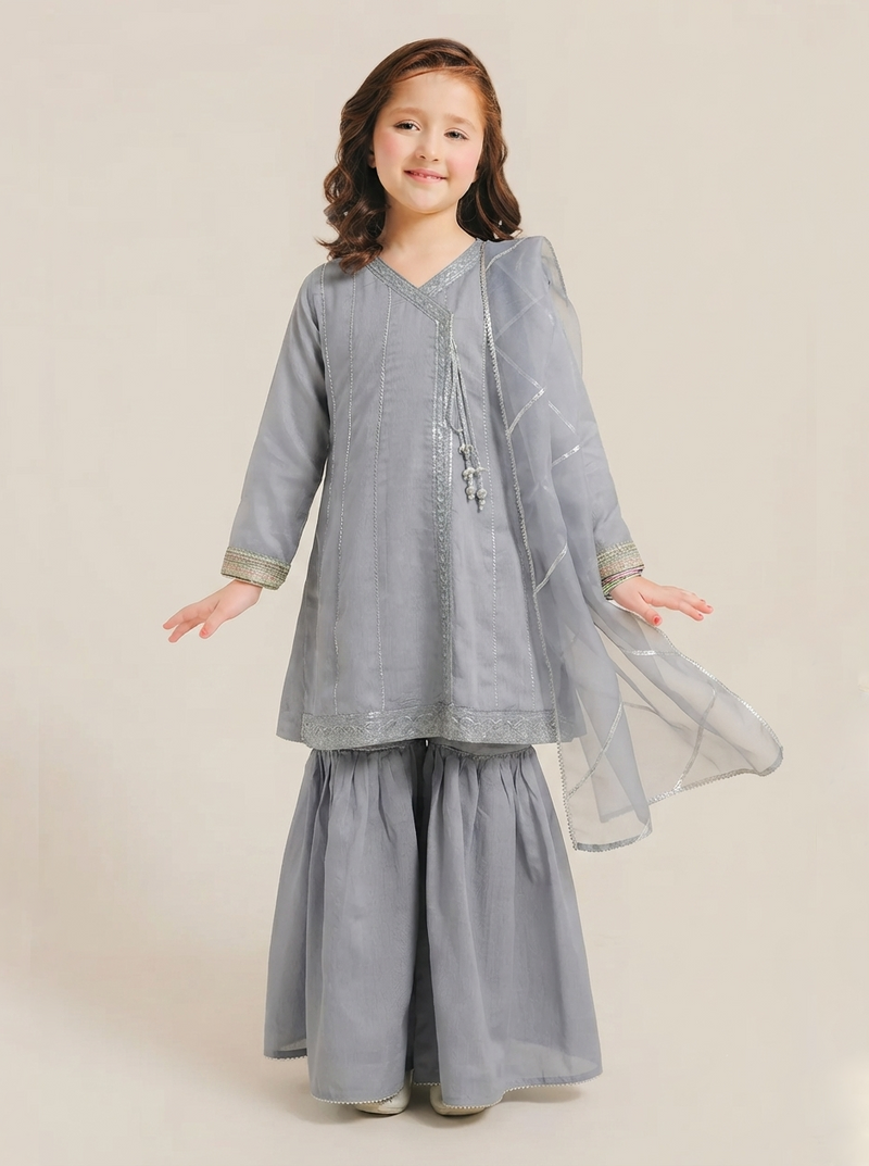 Elegant Grey Grip Angrakha with Gharara – 3 Piece Formal Kids Wear