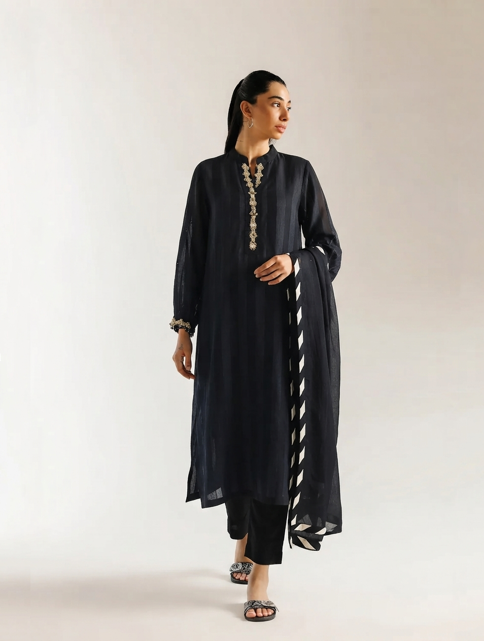 Monochrome Elegance – 3-Piece Stitched Chiffon Outfit