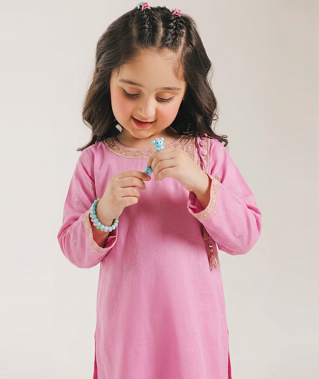 Girls' 3 Piece Slub Cotton Suit - Embroidered