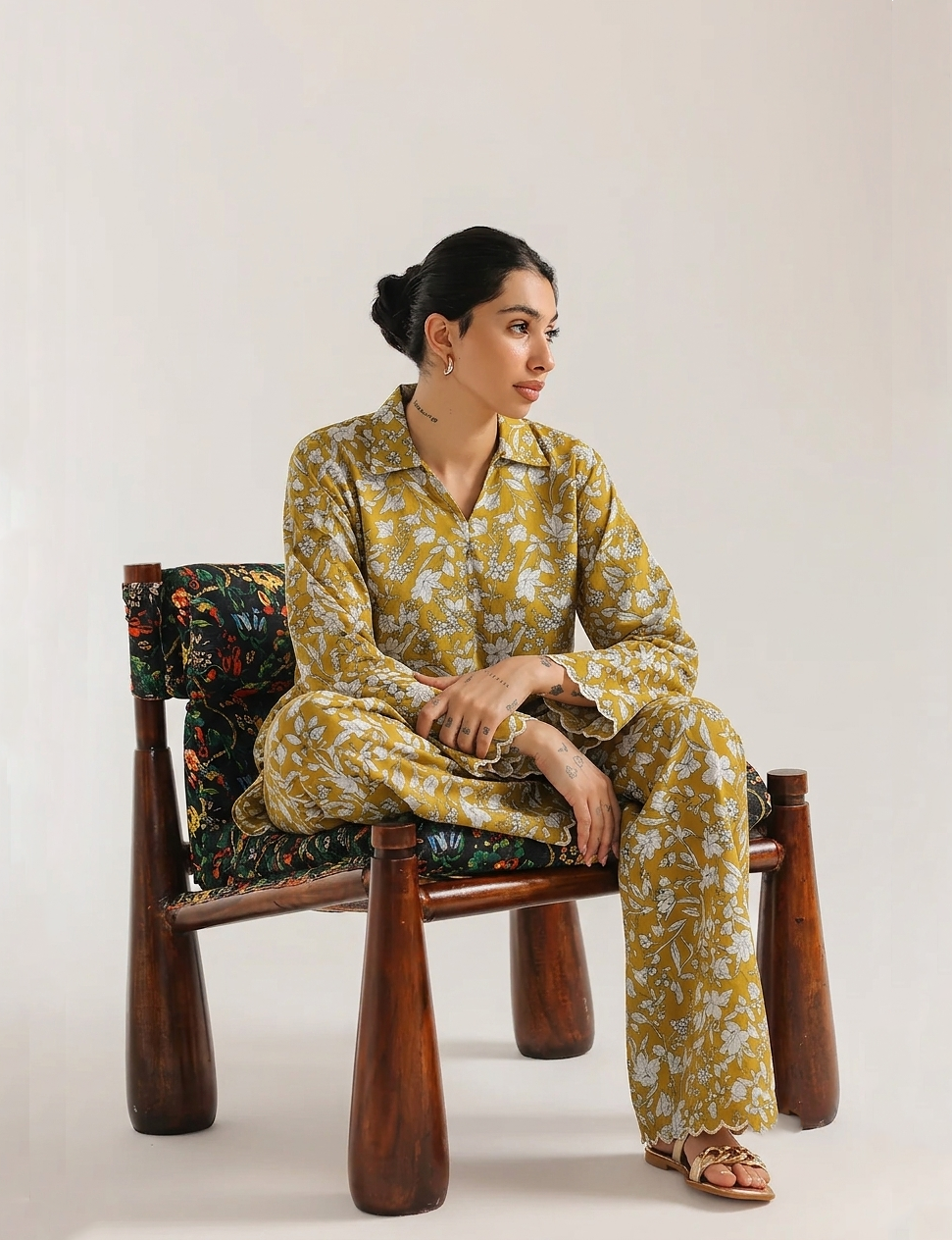 Mustard Floral Outline Embroidered Cotton Grip - Co-Ord Set