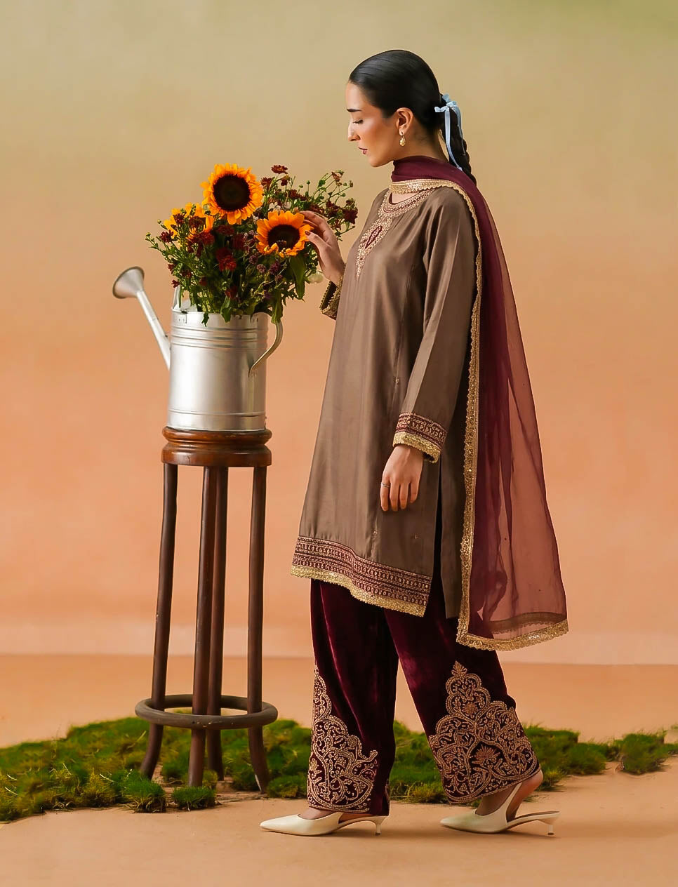 Earthy Brown Silk & Maroon Velvet Embroidered 3-Piece Outfit