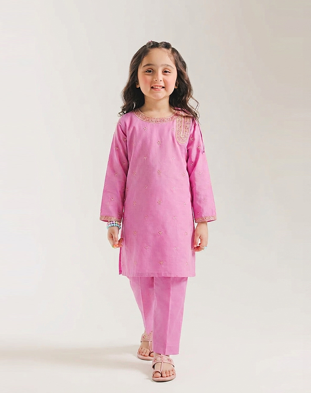 Girls' 3 Piece Slub Cotton Suit - Embroidered