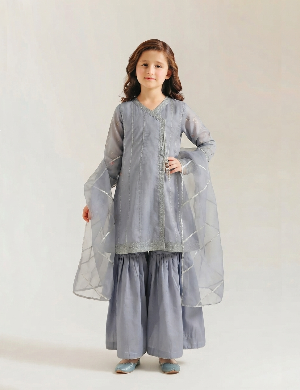 Elegant Grey Grip Angrakha with Gharara – 3 Piece Formal Kids Wear