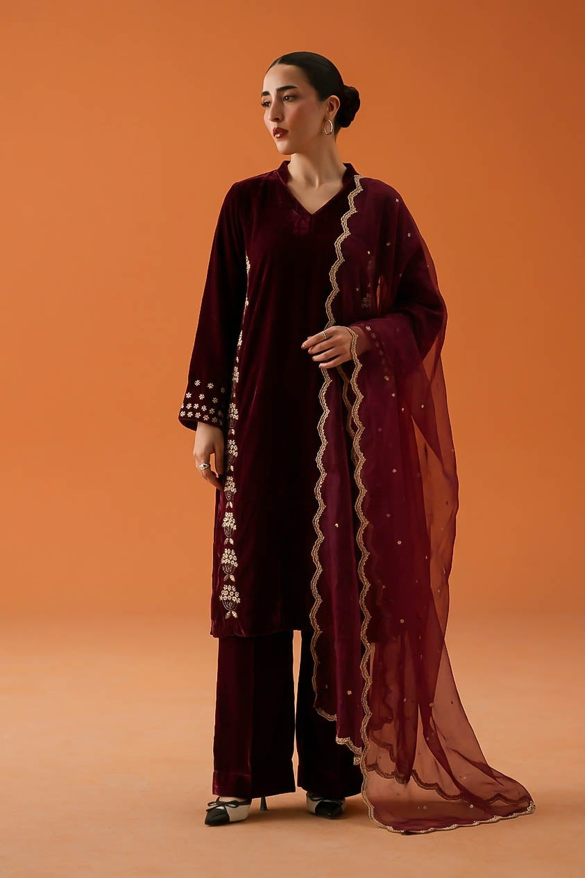 Regal Maroon Pure Hand-Embellished Velvet 3-Piece Suit