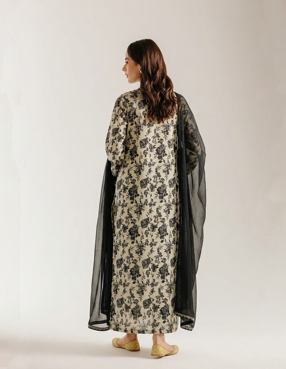 3-Piece Floral Printed Lawn Suit - Embroidered & Chiffon Dupatta – Charcoal & Beige