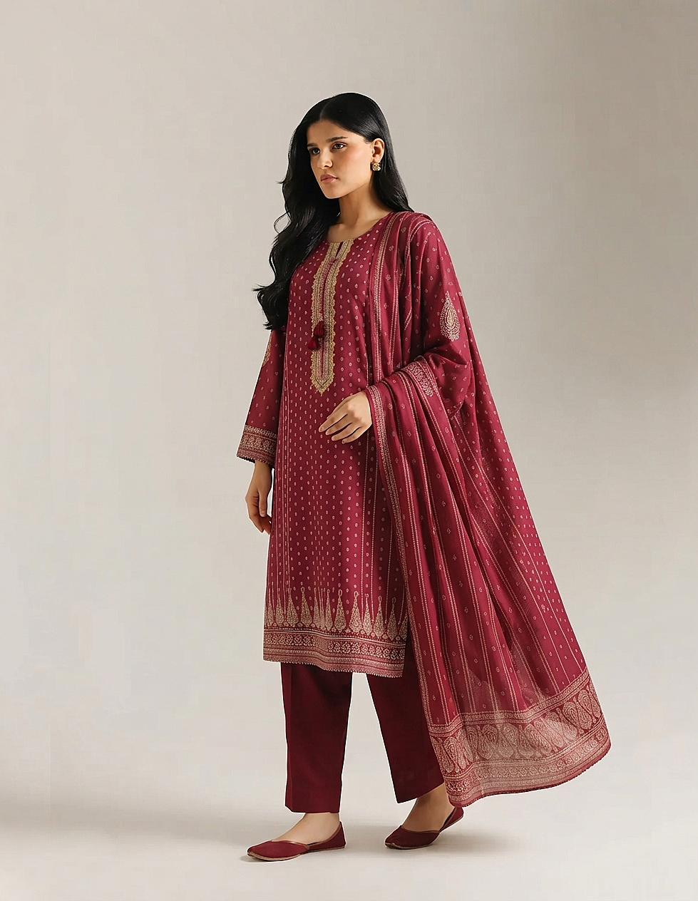 Maroon Elegance: 3 Piece Embroidered Lawn Suit with Badla Detailing