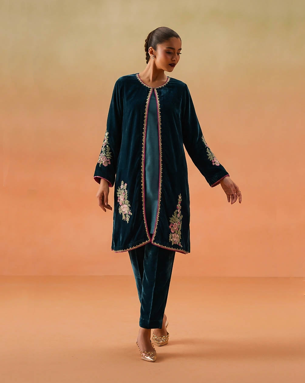 Zinc Turquoise Embroidered Velvet Gown & Raw Silk Suit (3-Piece)