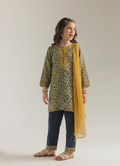 Girls Abstract Print 3 Piece Suit with Chiffon Dupatta – Olive & Yellow