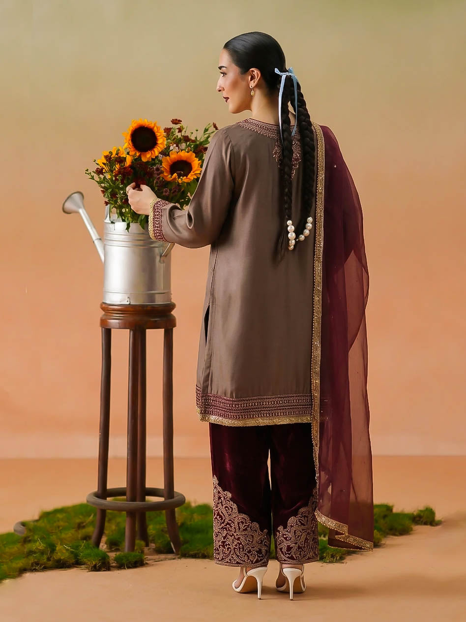 Earthy Brown Silk & Maroon Velvet Embroidered 3-Piece Outfit