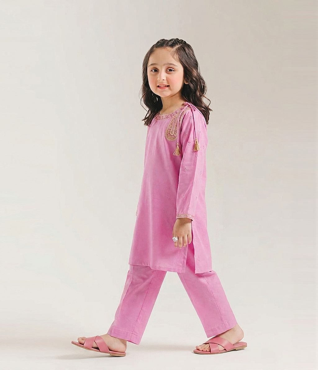 Girls' 3 Piece Slub Cotton Suit - Embroidered
