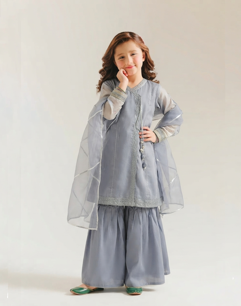 Elegant Grey Grip Angrakha with Gharara – 3 Piece Formal Kids Wear
