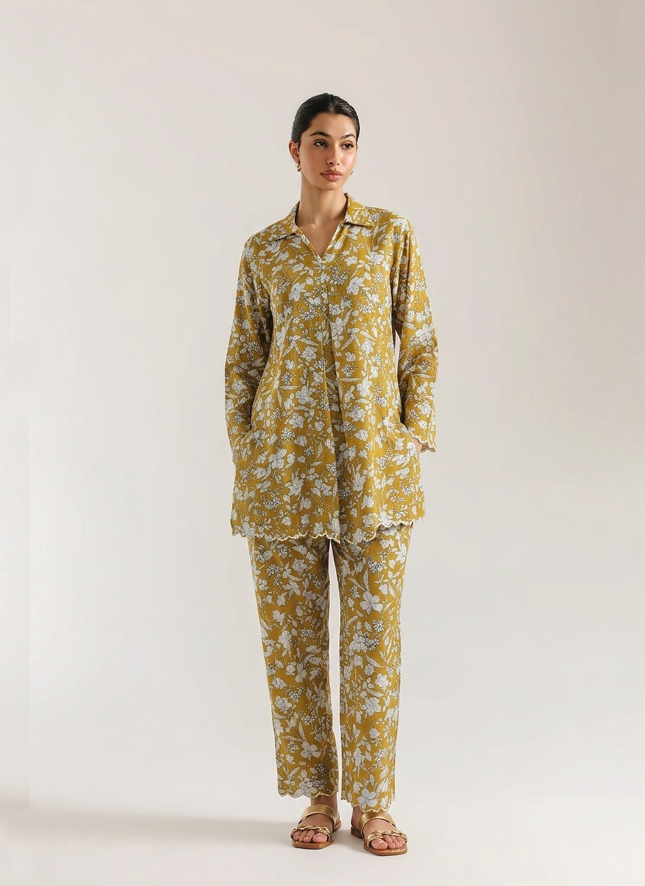 Mustard Floral Outline Embroidered Cotton Grip - Co-Ord Set