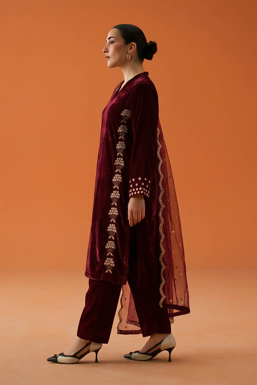 Regal Maroon Pure Hand-Embellished Velvet 3-Piece Suit