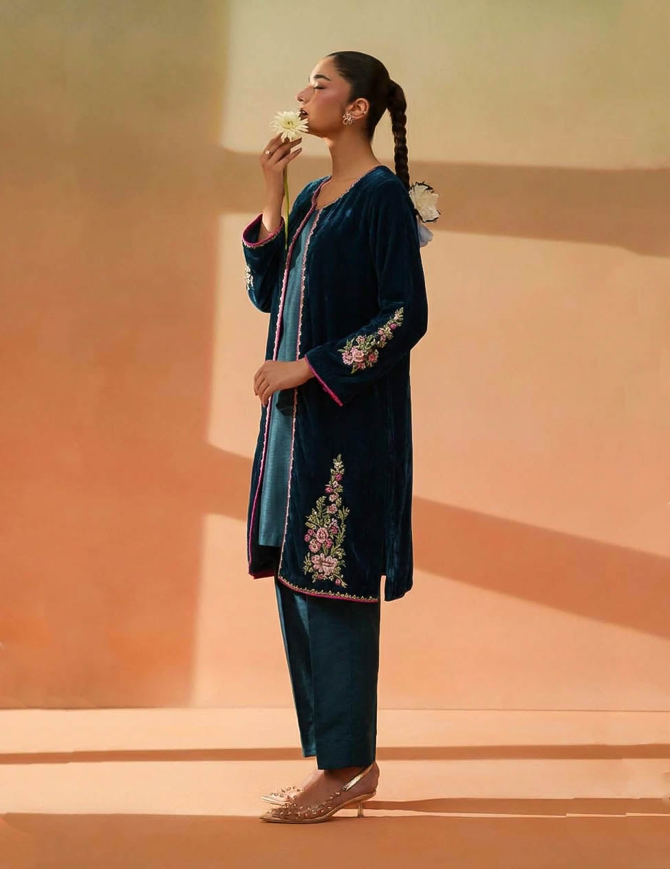 Zinc Turquoise Embroidered Velvet Gown & Raw Silk Suit (3-Piece)