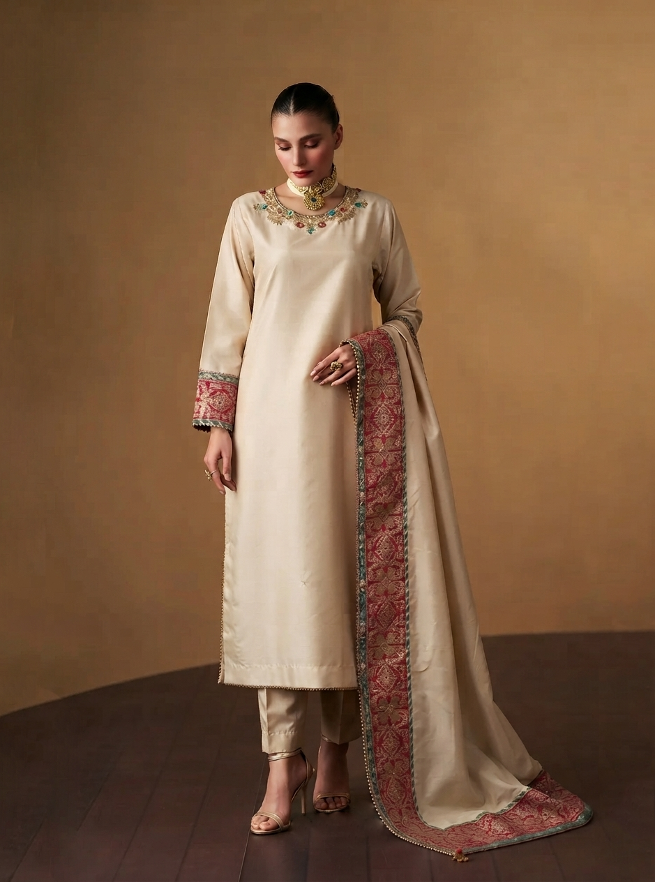 Exquisite 3-Piece Soft Raw Silk Ensemble with Embroidered Dupatta