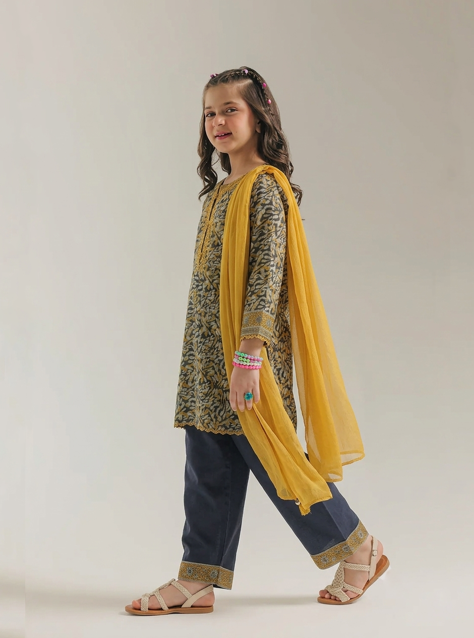 Girls Abstract Print 3 Piece Suit with Chiffon Dupatta – Olive & Yellow