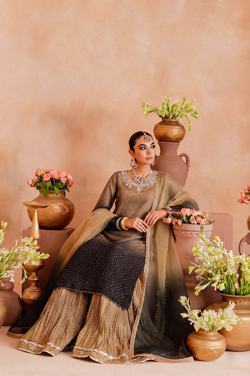 Shaded Sheesha Silk Hand-Embroidered Gharara Set