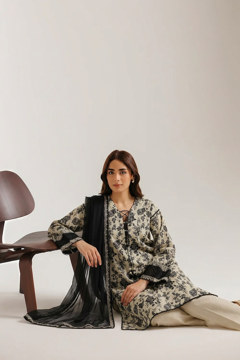 3-Piece Floral Printed Lawn Suit - Embroidered & Chiffon Dupatta – Charcoal & Beige