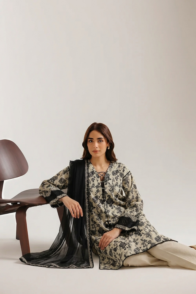 3-Piece Floral Printed Lawn Suit - Embroidered & Chiffon Dupatta – Charcoal & Beige