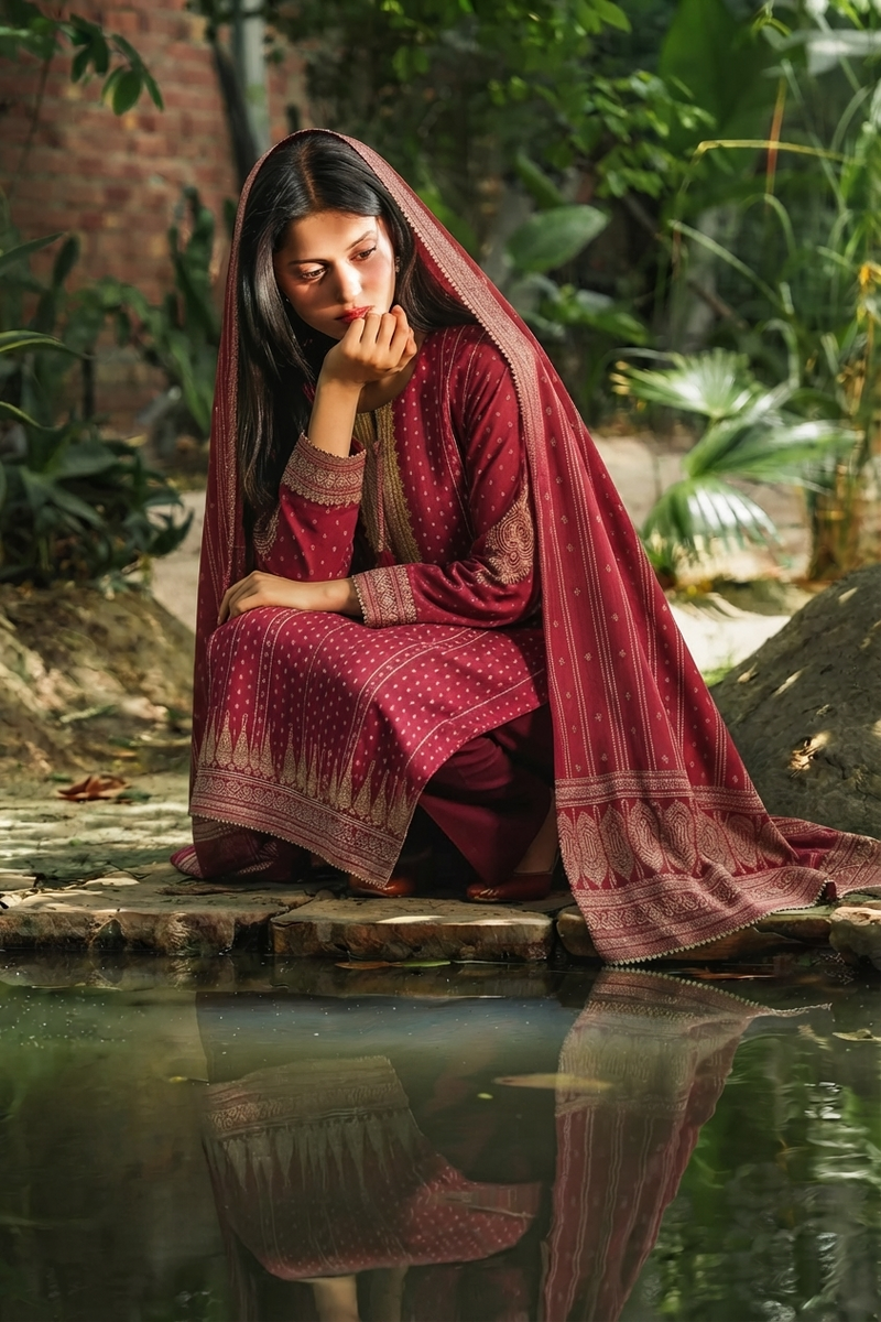 Maroon Elegance: 3 Piece Embroidered Lawn Suit with Badla Detailing