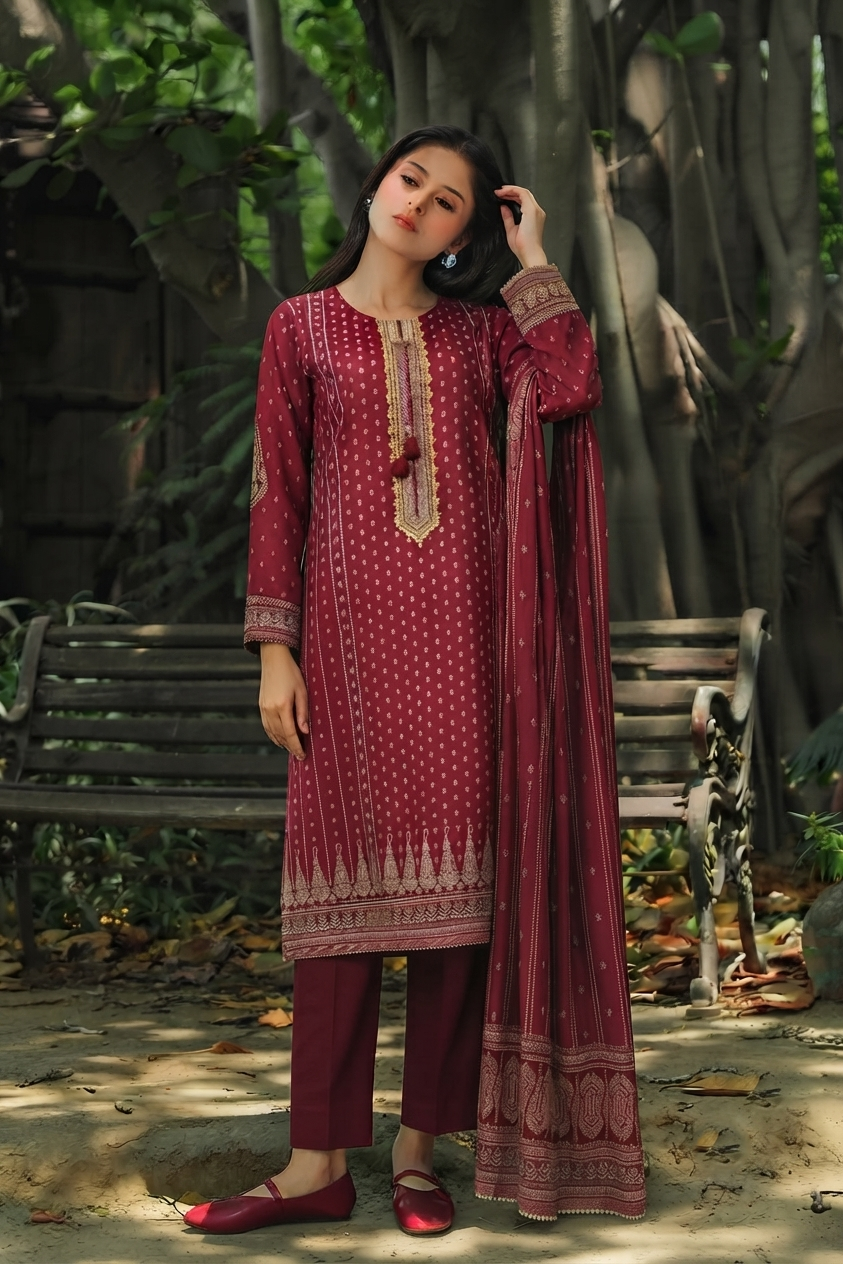 Maroon Elegance: 3 Piece Embroidered Lawn Suit with Badla Detailing