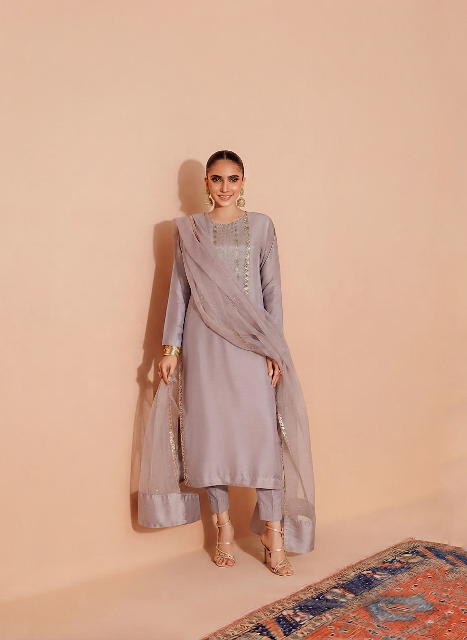 Muted Mauve Raw Silk 3-Piece Ensemble with Hand Embroidery & Organza Dupatta