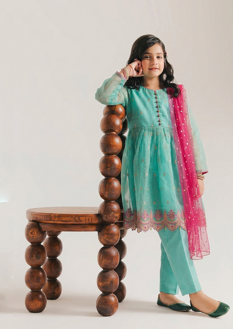 Girls' Embroidered Organza 3-Piece Festive Suit - Sea Green & Magenta