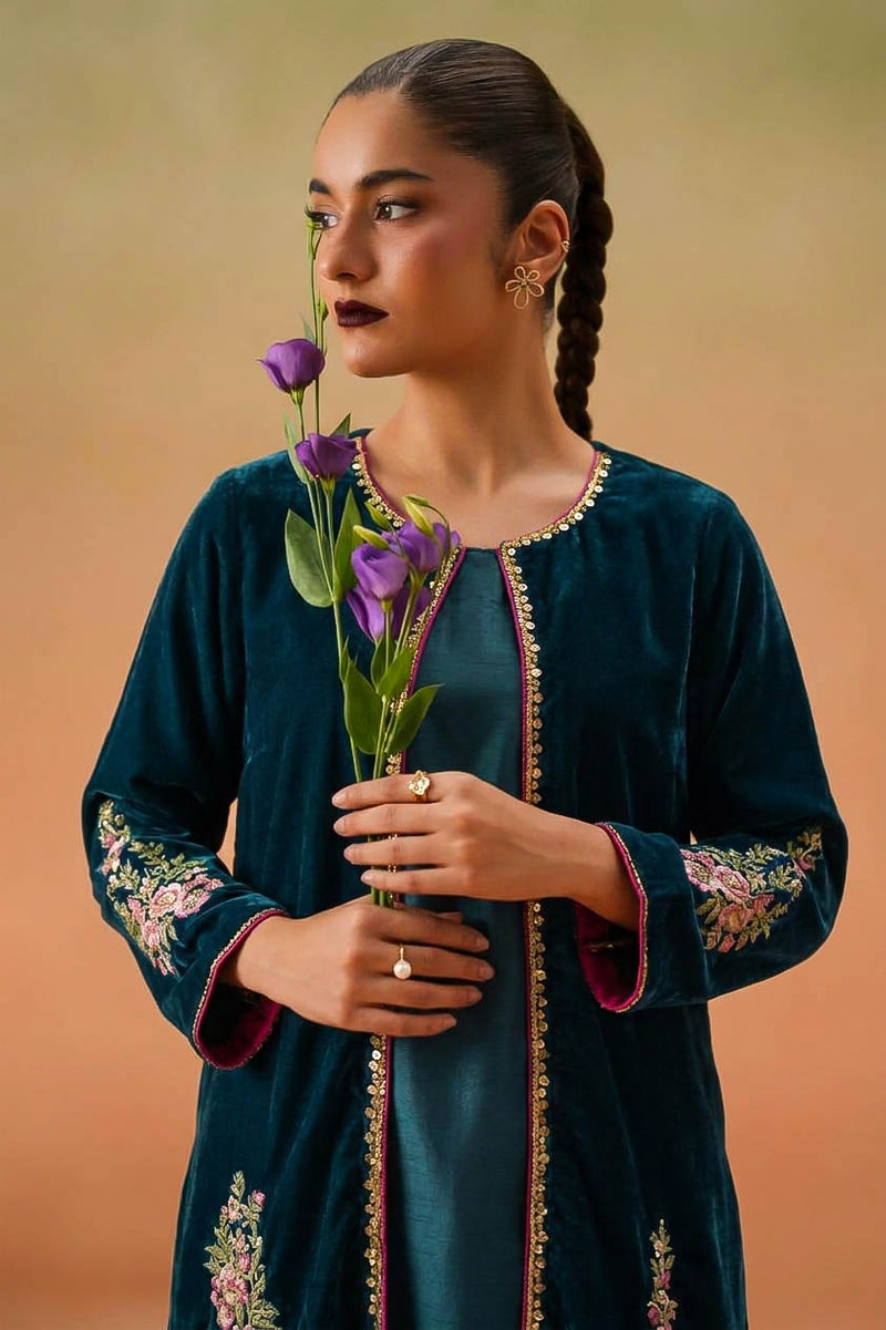 Zinc Turquoise Embroidered Velvet Gown & Raw Silk Suit (3-Piece)