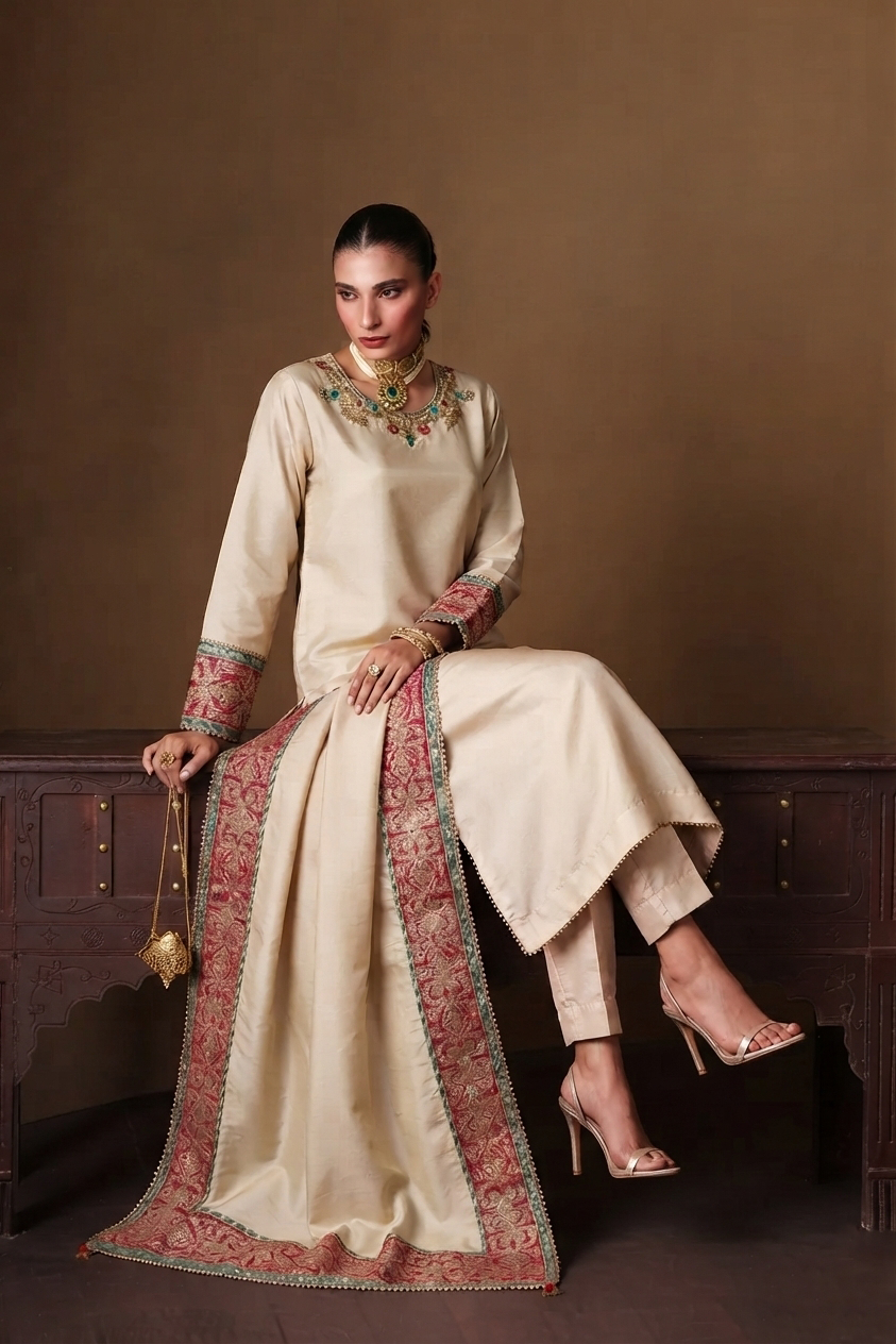 Exquisite 3-Piece Soft Raw Silk Ensemble with Embroidered Dupatta