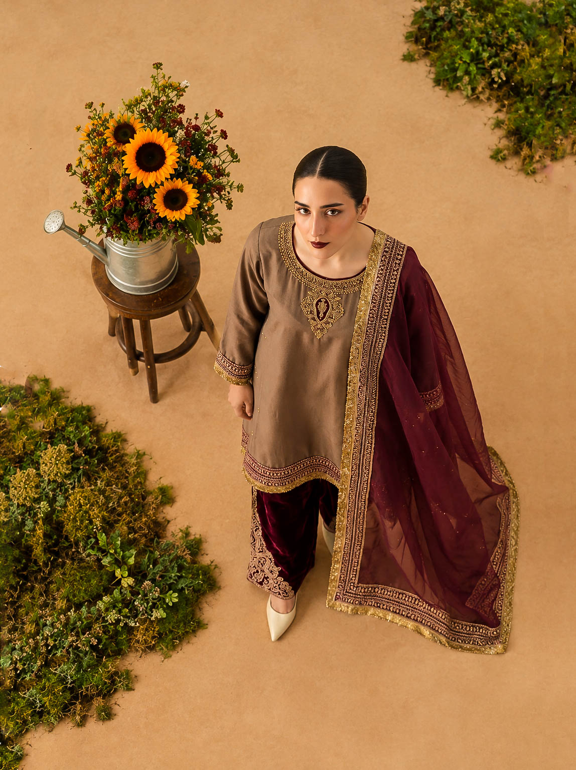 Earthy Brown Silk & Maroon Velvet Embroidered 3-Piece Outfit