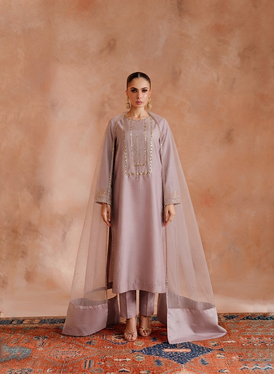 Muted Mauve Raw Silk 3-Piece Ensemble with Hand Embroidery & Organza Dupatta